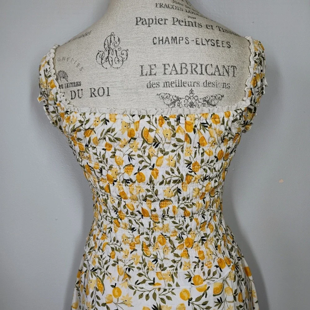 Kirious Los Angeles Mini Dress Womens Small Fruit Print Linen Blend Smocked Cute